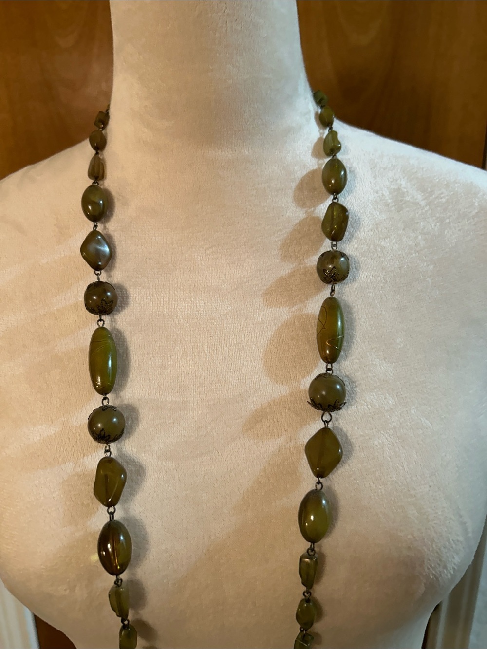 Vintage Olive Green glass Beaded Long Necklace.